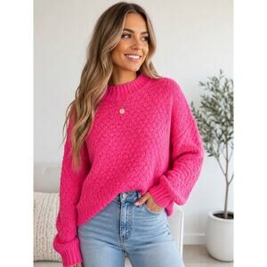 Chunky Knit Pink Sweater XL Cozy Oversized Mock Neck Textured Barbie Boutique